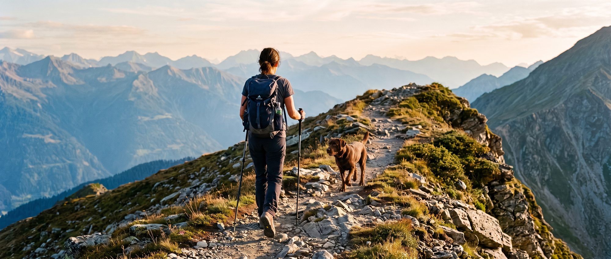 A hiker and their dog on an alpine ridge at golden hour