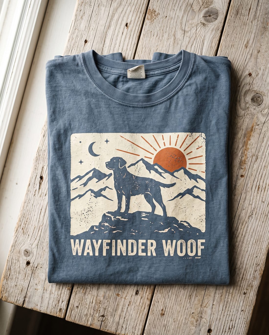 Slate blue tee with a vintage parks-style Labrador graphic